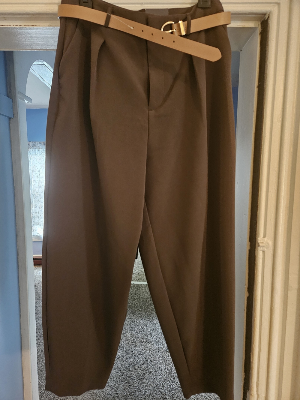 Worthington Rich Olive Pleated Dress Pants with Tan Belt